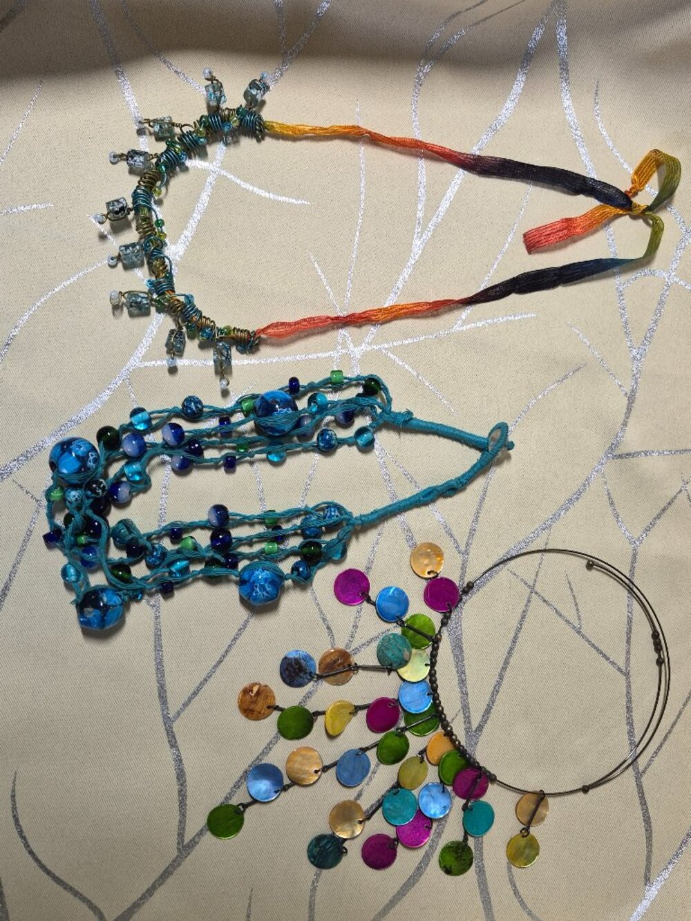 3 VGT Necklaces Art Glass & Silk, Blue